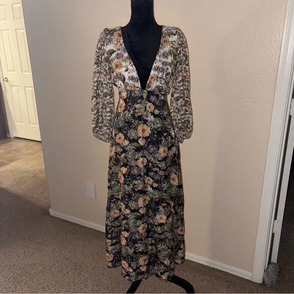 New Anthropologie x For Love and Lemons Arabella Maxi Dress Sz S Black  Floral